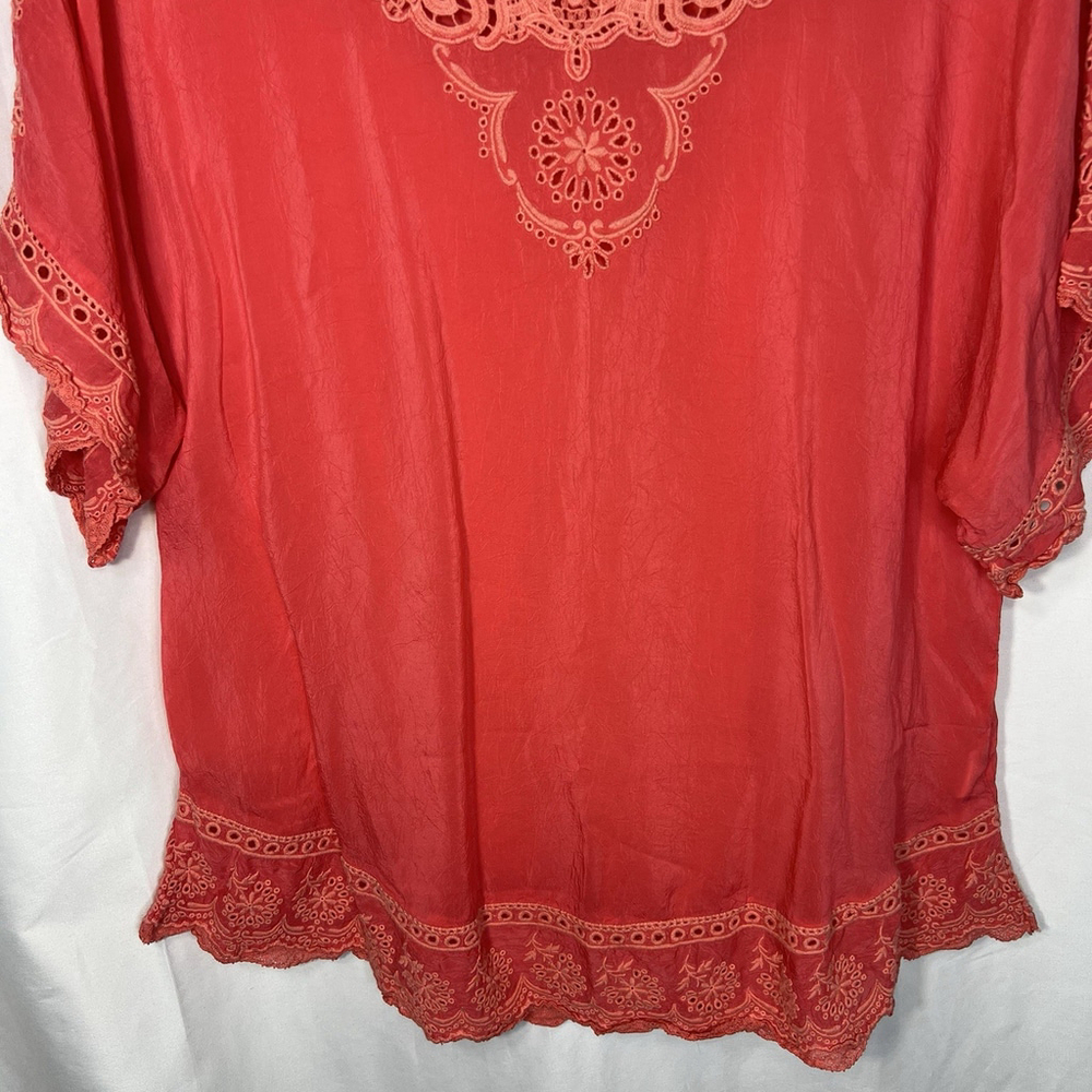 Johnny Was Women’s Embroidered Floral Blouse Coral Short Sleeves M Semi-Sheer - Picture 6 of 12